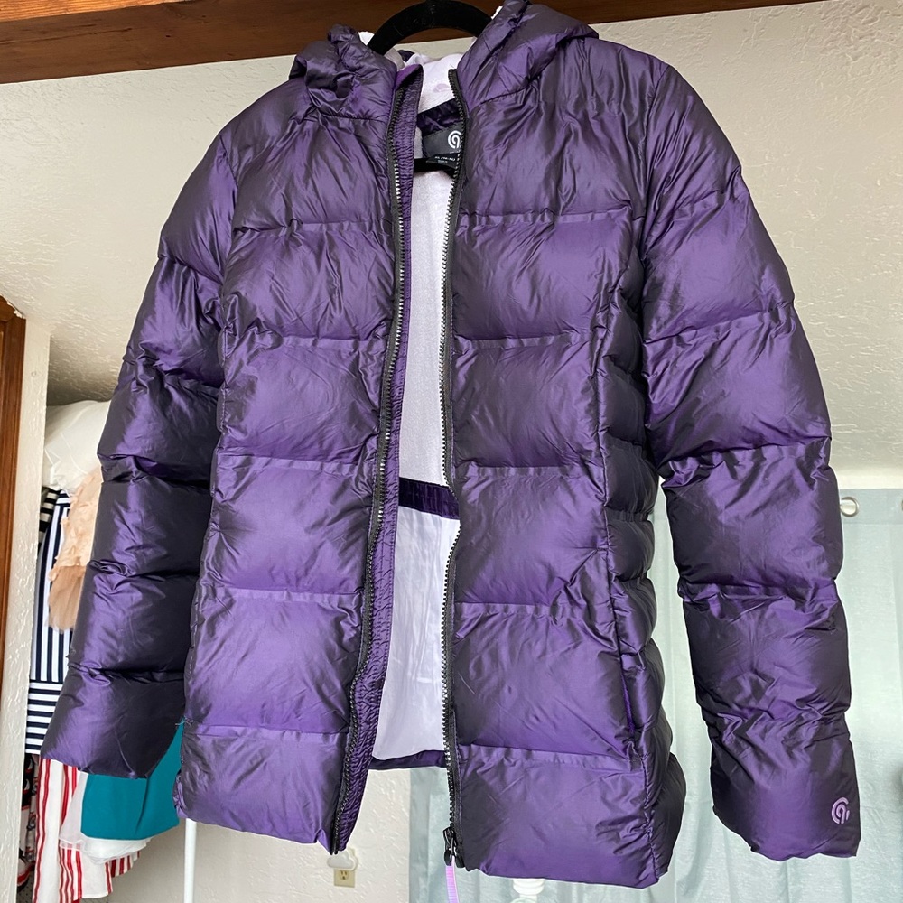 Champion purple puff jacket fuzzy inside shiny